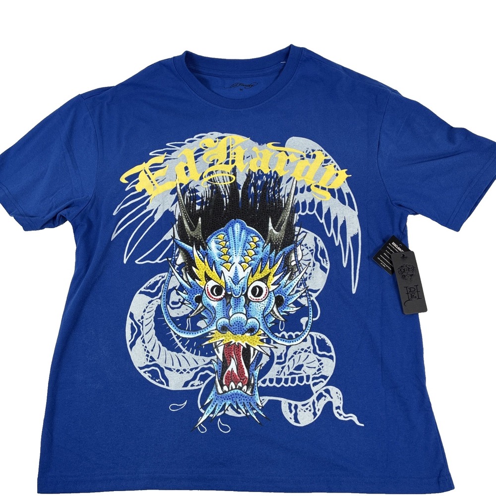 New Ed Hardy Blue Dragon Crew Neck Men's T-Shirt Rhinestone Size Medium NWT
